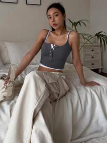 DAZY Half Button Crop Cami Top Tank Tops - Dark Grey - View 5