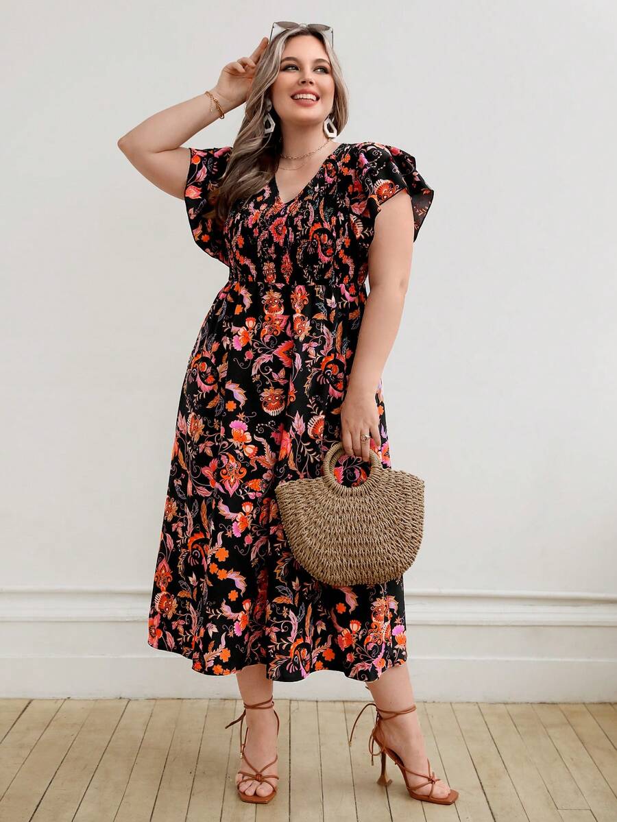 SHEIN VCAY Plus Floral Print Butterfly Sleeve Dress - Multicolor - View 1