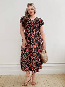 SHEIN VCAY Plus Floral Print Butterfly Sleeve Dress - Multicolor - View 3