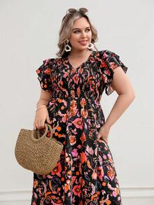 SHEIN VCAY Plus Floral Print Butterfly Sleeve Dress - Multicolor - View 4