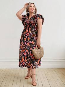 SHEIN VCAY Plus Floral Print Butterfly Sleeve Dress - Multicolor - View 5