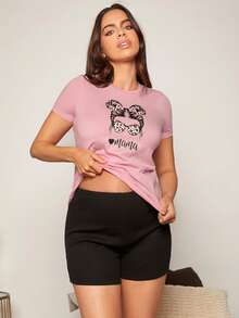 SHEIN Maternity Figure & Letter Graphic Tee & Shorts - Multicolor - View 6