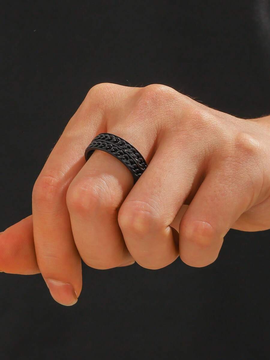 1 pieza Anillo de cadena de acero inoxidable con estilo europeo y americano personalizado para hombres, como regalo de joyería y para fiestas - Negro - Ver 1