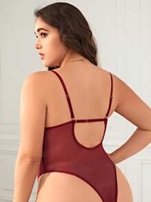 Classic Sexy Plus Contrast Lace Mesh Underwire Teddy Bodysuit - Burgundy - View 2