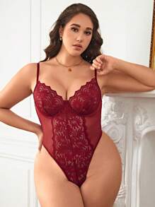Classic Sexy Plus Contrast Lace Mesh Underwire Teddy Bodysuit - Burgundy - View 3