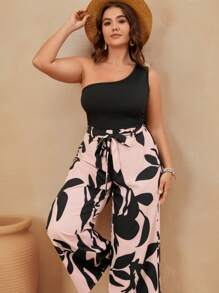 SHEIN VCAY Áo cổ bất đối xứng Boho cỡ lớn & Quần ống rộng có thắt lưng họa tiết hoa, cho mùa hè - Nhiều màu - Xem 3