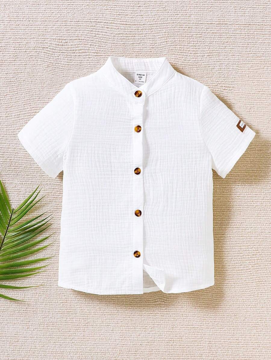 SHEIN Toddler Boys Letter Patched Detail Button Front Shirt - White - View 1