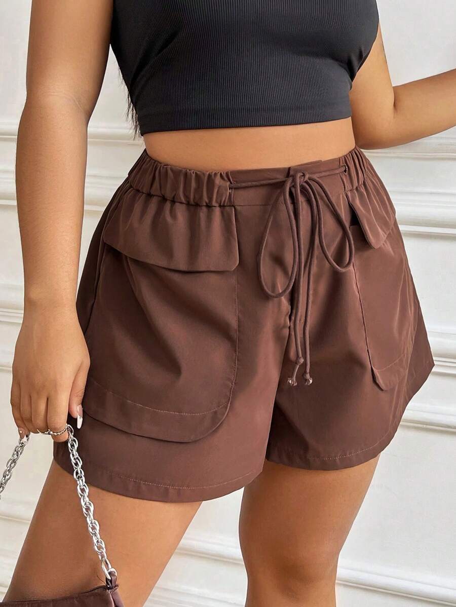 SHEIN EZwear Quần Short kích thước lớn Túi Thắt nơ trước màu trơn Giải trí - màu nâu - Xem 1