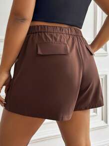 SHEIN EZwear Quần Short kích thước lớn Túi Thắt nơ trước màu trơn Giải trí - màu nâu - Xem 2