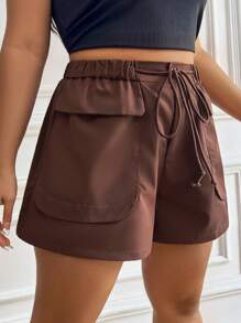 SHEIN EZwear Quần Short kích thước lớn Túi Thắt nơ trước màu trơn Giải trí - màu nâu - Xem 4