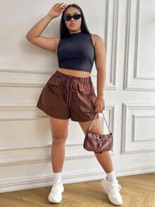SHEIN EZwear Quần Short kích thước lớn Túi Thắt nơ trước màu trơn Giải trí - màu nâu - Xem 5