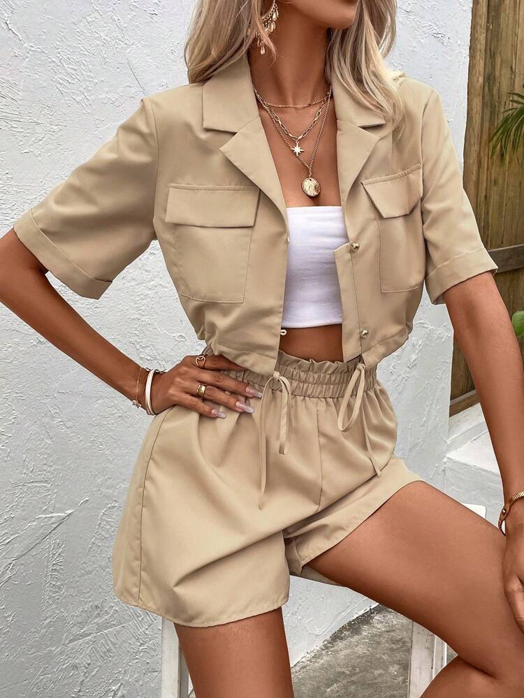 Flap Detail Drawstring Hem Blouse & Shorts