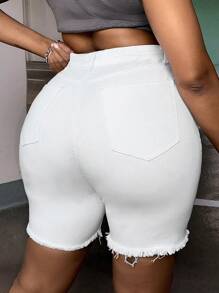 SHEIN SXY Plus Ripped Raw Hem Denim Shorts - White - View 2