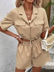 SHEIN LUNE 翻蓋細節抽繩下擺襯衫和短褲 - 卡其色 - 查看 2
