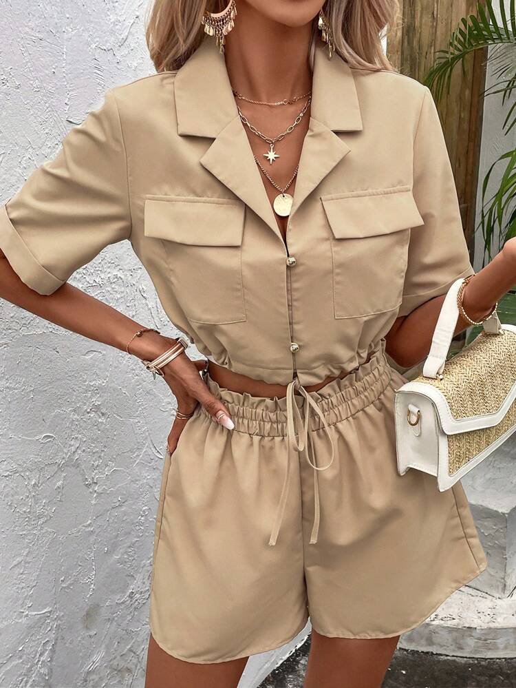 Flap Detail Drawstring Hem Blouse & Shorts
