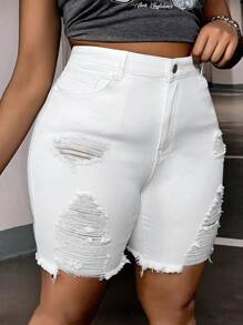 SHEIN SXY Plus Ripped Raw Hem Denim Shorts - White - View 3