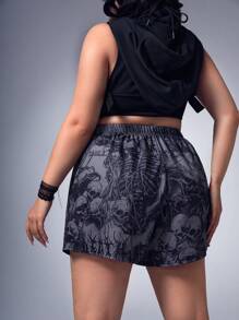 ROMWE Goth Plus Skull Print Shorts - Grey - View 2