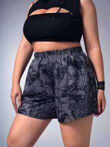 ROMWE Goth Plus Skull Print Shorts - Grey - View 3