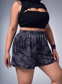 ROMWE Goth Plus Skull Print Shorts - Grey - View 5