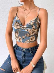 Chiquease Floral Print Draped Collar Cami Top Graphic Tees Women Tops - Dusty Blue - View 4