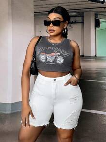 SHEIN SXY Plus Ripped Raw Hem Denim Shorts - White - View 6