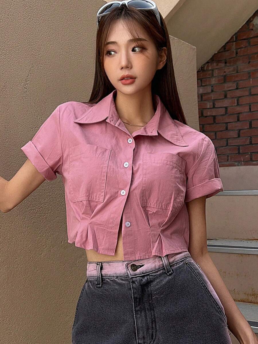 DAZY 素色前紐扣短款襯衫 - 藕粉色 - 查看 1
