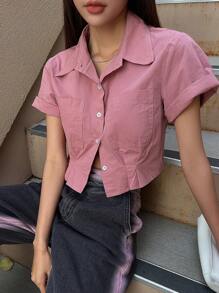 DAZY 素色前紐扣短款襯衫 - 藕粉色 - 查看 3