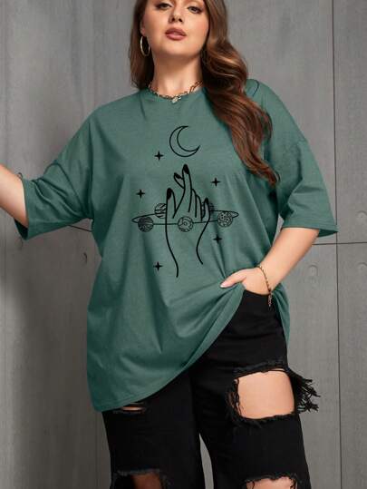 INAWLY Camiseta de manga caída con estampado de luna y mano, camisetas gráficas para mujer