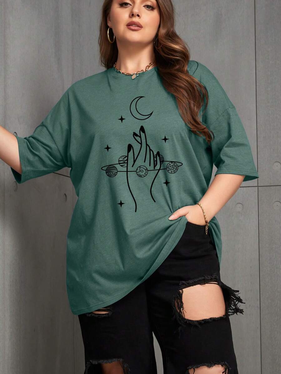 INAWLY Camiseta de manga caída con estampado de luna y mano, camisetas gráficas para mujer - Verde Oscuro - Ver 1