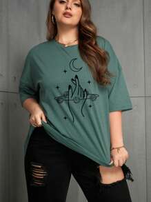INAWLY Camiseta de manga caída con estampado de luna y mano, camisetas gráficas para mujer - Verde Oscuro - Ver 5