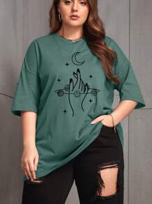 INAWLY Camiseta de manga caída con estampado de luna y mano, camisetas gráficas para mujer - Verde Oscuro - Ver 6