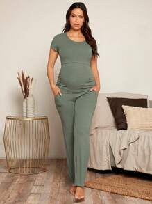SHEIN Maternidad unicolor amamantamiento Pantalones con camiseta Set - Verde - Ver 3
