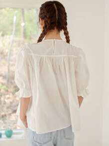 DAZY Solid Puff Sleeve Babydoll Blouse - White - View 2
