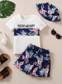 SHEIN Toddler Boys Letter & Tropical Print Tee & Shorts & Hat