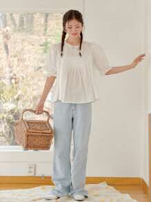 DAZY Solid Puff Sleeve Babydoll Blouse - White - View 3