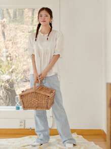 DAZY Solid Puff Sleeve Babydoll Blouse - White - View 4