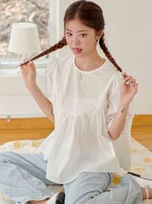 DAZY Solid Puff Sleeve Babydoll Blouse - White - View 7