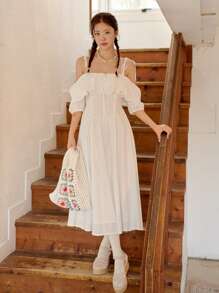 DAZY Đầm Xù Thắt nút màu trơn Giải trí - trắng - Xem 3