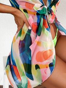 Allover Print Tie Front Kimono - Multicolor - View 4