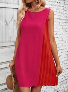 SHEIN VCAY 雙色百褶細節直筒洋裝 - 玫紅色 - 查看 1