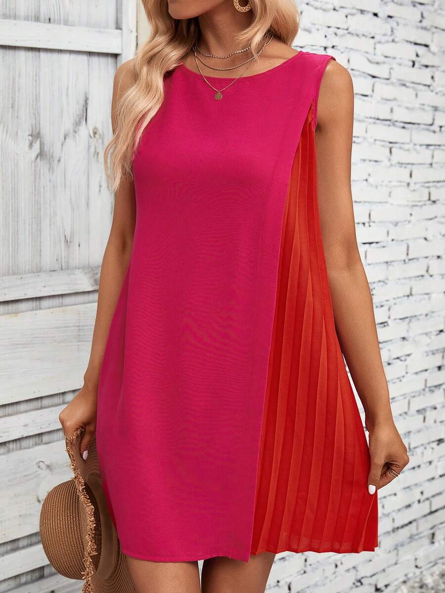 SHEIN VCAY 雙色百褶細節直筒洋裝 - 玫紅色 - 查看 1