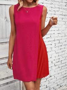 SHEIN VCAY 雙色百褶細節直筒洋裝 - 玫紅色 - 查看 5