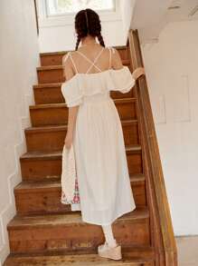 DAZY Đầm Xù Thắt nút màu trơn Giải trí - trắng - Xem 7