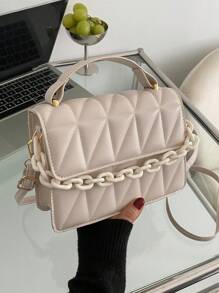 Waterproof,Lightweight,Business Casual Mini Quilted Pattern Chain Square Bag For Teen Girls Women College Students,Rookies & White-collar Workers Perfect for Office,College,Work ,Business,Commute,Outdoors, Travel, Outings - Beige - View 1