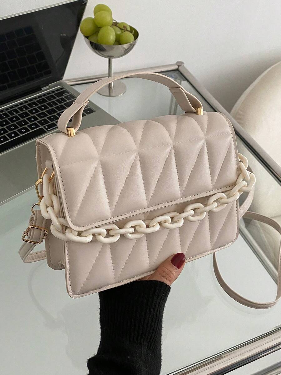 Waterproof,Lightweight,Business Casual Mini Quilted Pattern Chain Square Bag For Teen Girls Women College Students,Rookies & White-collar Workers Perfect for Office,College,Work ,Business,Commute,Outdoors, Travel, Outings - Beige - View 1