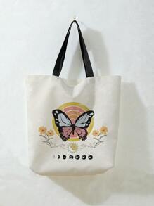 Butterfly & Floral Print Linen Shopper Bag - Multicolor - View 2