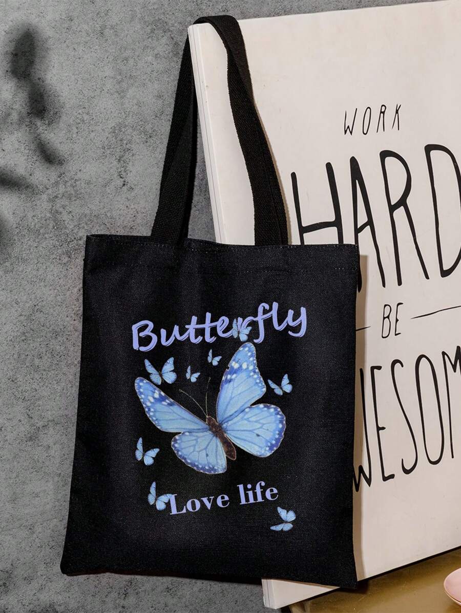 Sacola de Compras com Estampa de Borboleta e Slogan, Bolsa de Borboleta Moderna - Multicolorido - Visão 1