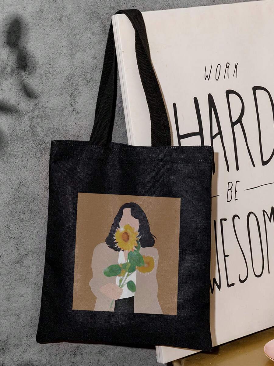 Túi mua sắm họa tiết hoa hướng dương và hình người, Túi đi học, Sức chứa lớn, Cổ điển, Thường ngày, Có thể gấp lại, Di động, Thích hợp cho nữ sinh trung học, Sinh viên đại học, Hoàn hảo cho Trở lại trường, Mua sắm, Trung học cơ sở, Trung học phổ thông, Đại học - Nhiều màu - Xem 1