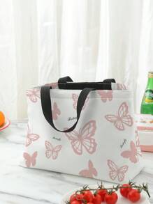 Butterfly & Letter Graphic Lunch Bag, Polyester Portable Lunch Box Storage Bag For Travel Office School - Multicolor - View 1