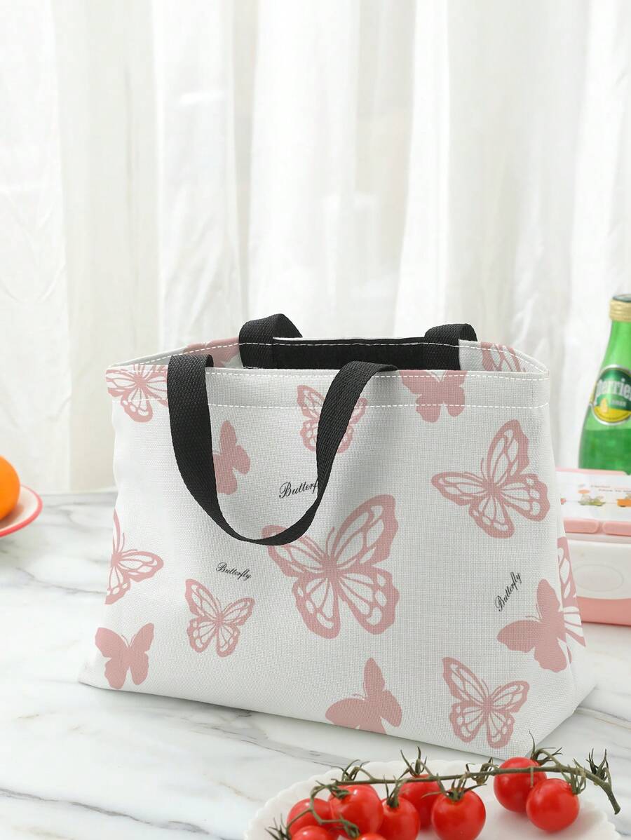 Butterfly & Letter Graphic Lunch Bag, Polyester Portable Lunch Box Storage Bag For Travel Office School - Multicolor - View 1